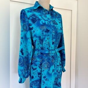 Vintage Florentine Elegant Blue Floral Long Sleeve Dress
